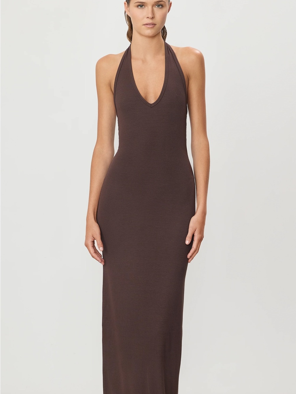 Eterne Brown Halter V-Neck Maxi Dress